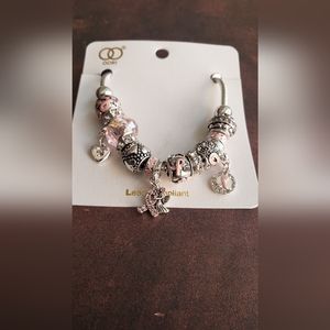 Pink Ribbon Breast Cancer Awareness Glass Bead Charm Bracelet